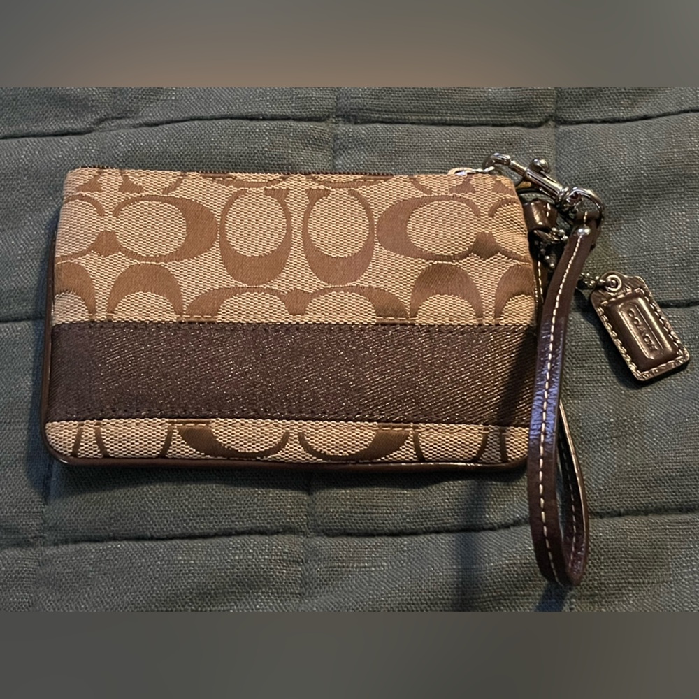 Coach Brown Signature Wristlet with Dark Brown Trim